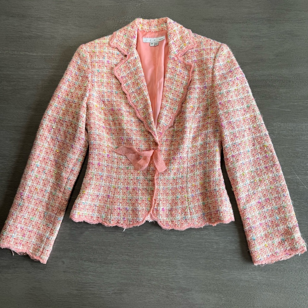 Vintage Pink Woven Knit Tweed Suit Jacket 4 ICE - Picture 2 of 13